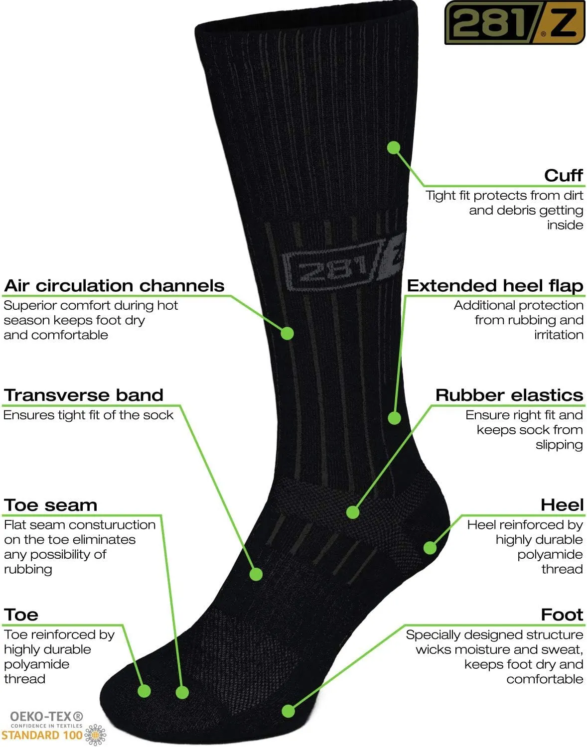 281Z Military Boot Socks - Tactical Trekking Hiking - Outdoor Athletic Sport (Black)