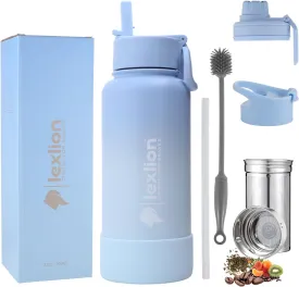 32 Oz Triple Walled Insulated Stainless Steel Fruit Infuser Bottle - Tea Infuser Water Bottle with 3 Lids, Silicone Sleeve, Leakproof, Metal Mug Gallon
