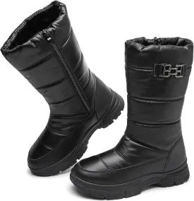 FINIWOR Women's Snow Boots, Waterproof Mid Calf Winter Boots, Warm Faux Fur Lined, Side Zipper, Non-Slip, Black, US 13
