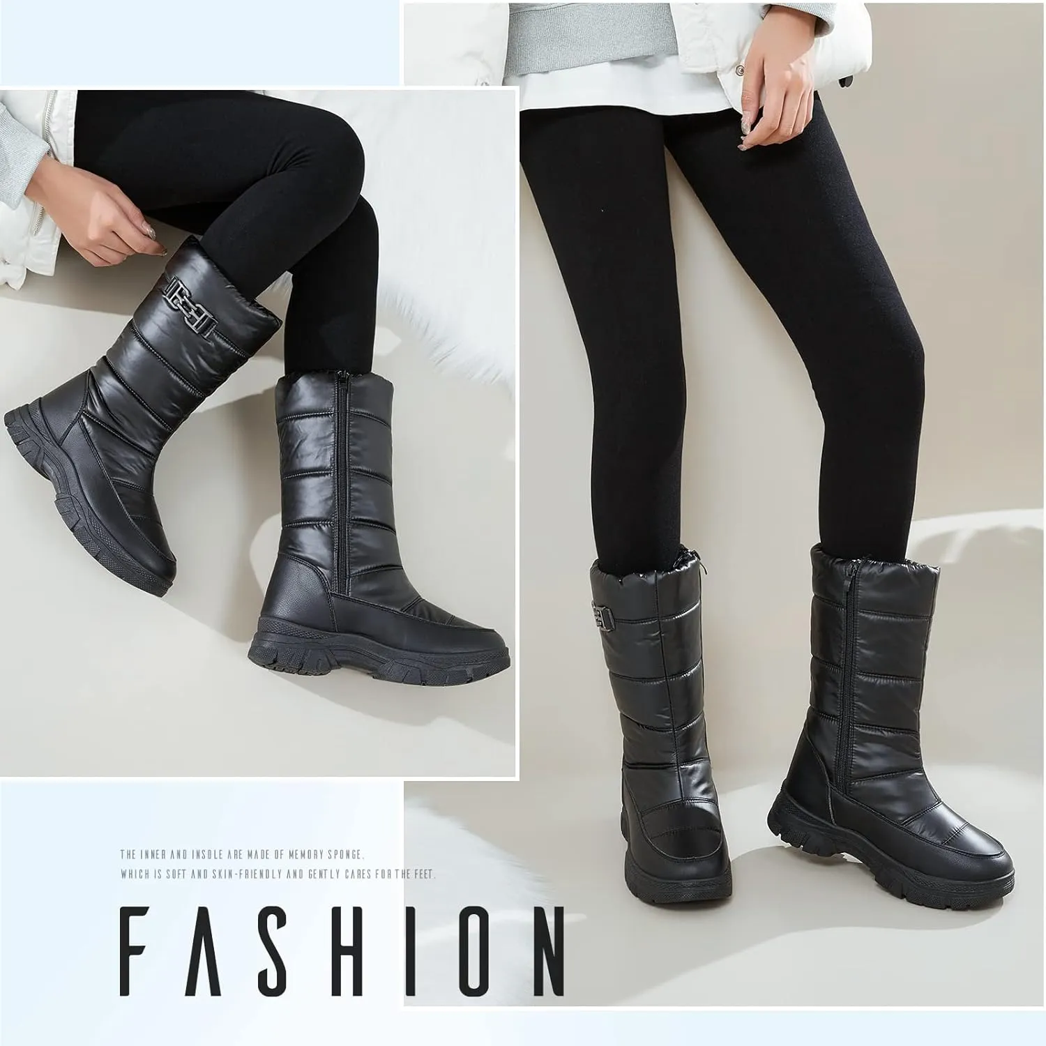 FINIWOR Women's Snow Boots, Waterproof Mid Calf Winter Boots, Warm Faux Fur Lined, Side Zipper, Non-Slip, Black, US 13