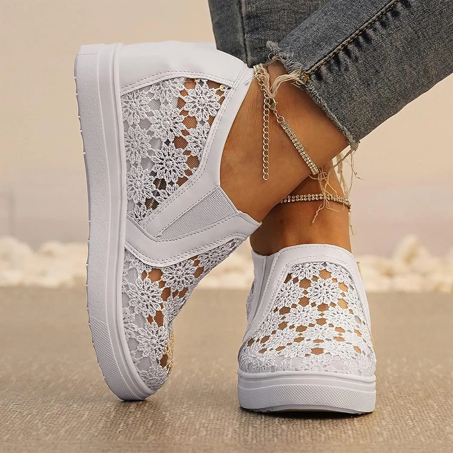 Hbeylia Platform Sneakers for Women Lace Mesh Hidden Wedge Sneakers Fashion Floral Slip On Thick Bottom Walking Shoes Lightweight Comfortable Canvas Shoes Loafers