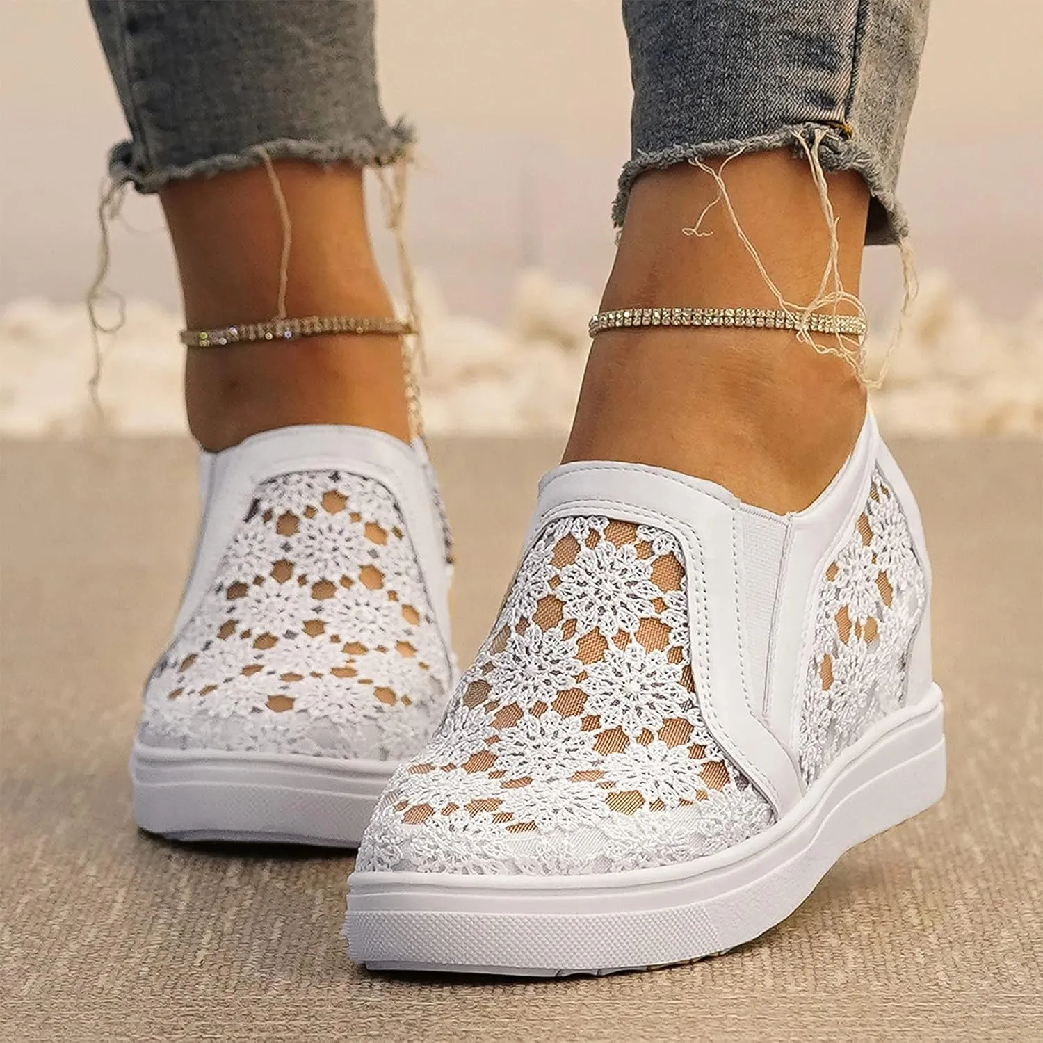Hbeylia Platform Sneakers for Women Lace Mesh Hidden Wedge Sneakers Fashion Floral Slip On Thick Bottom Walking Shoes Lightweight Comfortable Canvas Shoes Loafers