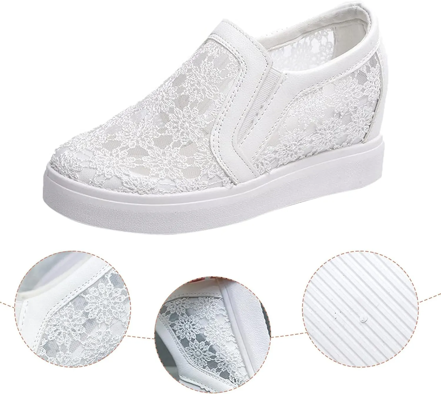 Hbeylia Platform Sneakers for Women Lace Mesh Hidden Wedge Sneakers Fashion Floral Slip On Thick Bottom Walking Shoes Lightweight Comfortable Canvas Shoes Loafers