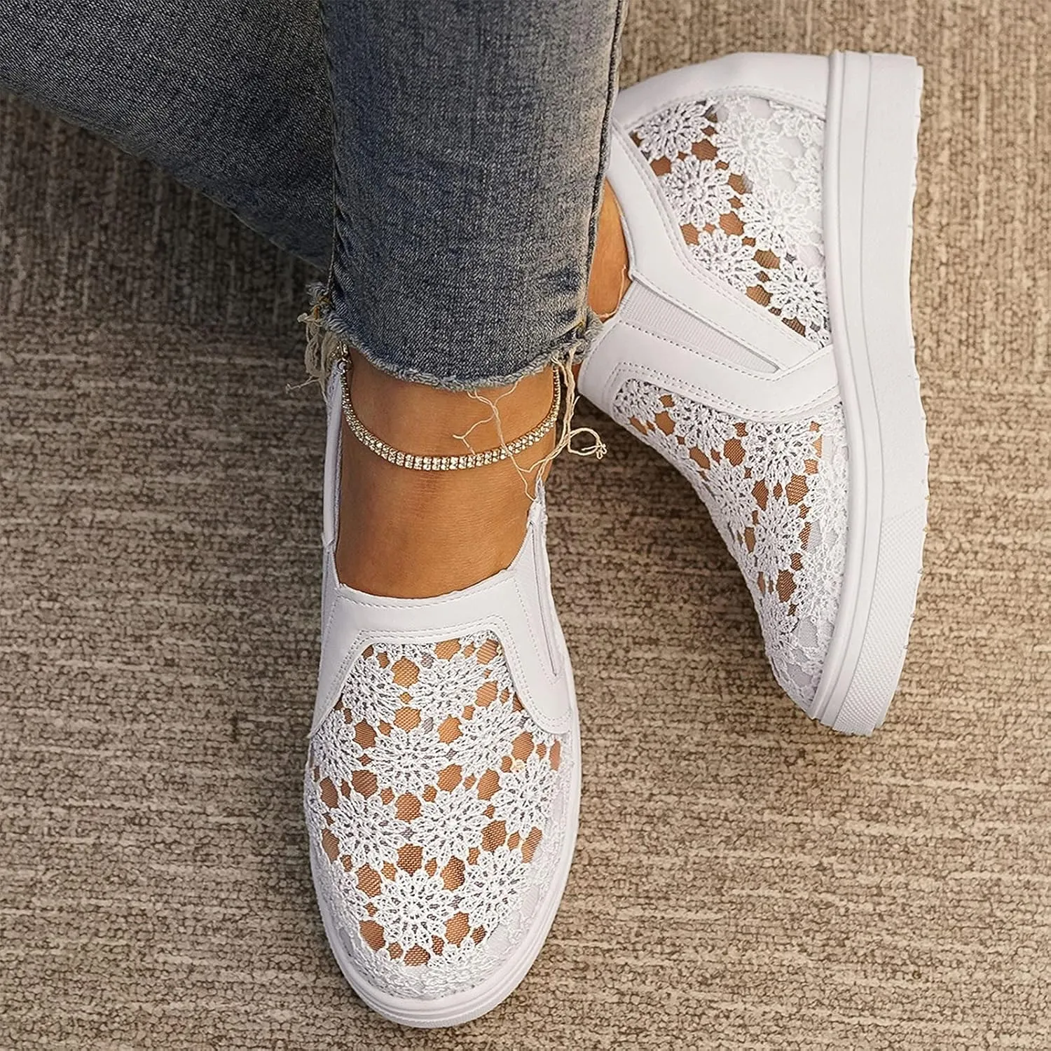 Hbeylia Platform Sneakers for Women Lace Mesh Hidden Wedge Sneakers Fashion Floral Slip On Thick Bottom Walking Shoes Lightweight Comfortable Canvas Shoes Loafers