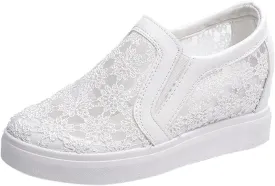 Hbeylia Platform Sneakers for Women Lace Mesh Hidden Wedge Sneakers Fashion Floral Slip On Thick Bottom Walking Shoes Lightweight Comfortable Canvas Shoes Loafers