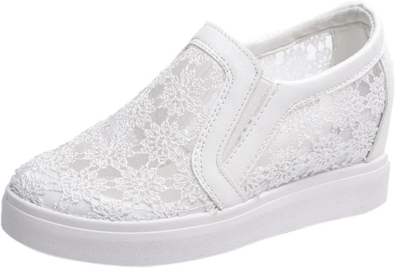 Hbeylia Platform Sneakers for Women Lace Mesh Hidden Wedge Sneakers Fashion Floral Slip On Thick Bottom Walking Shoes Lightweight Comfortable Canvas Shoes Loafers