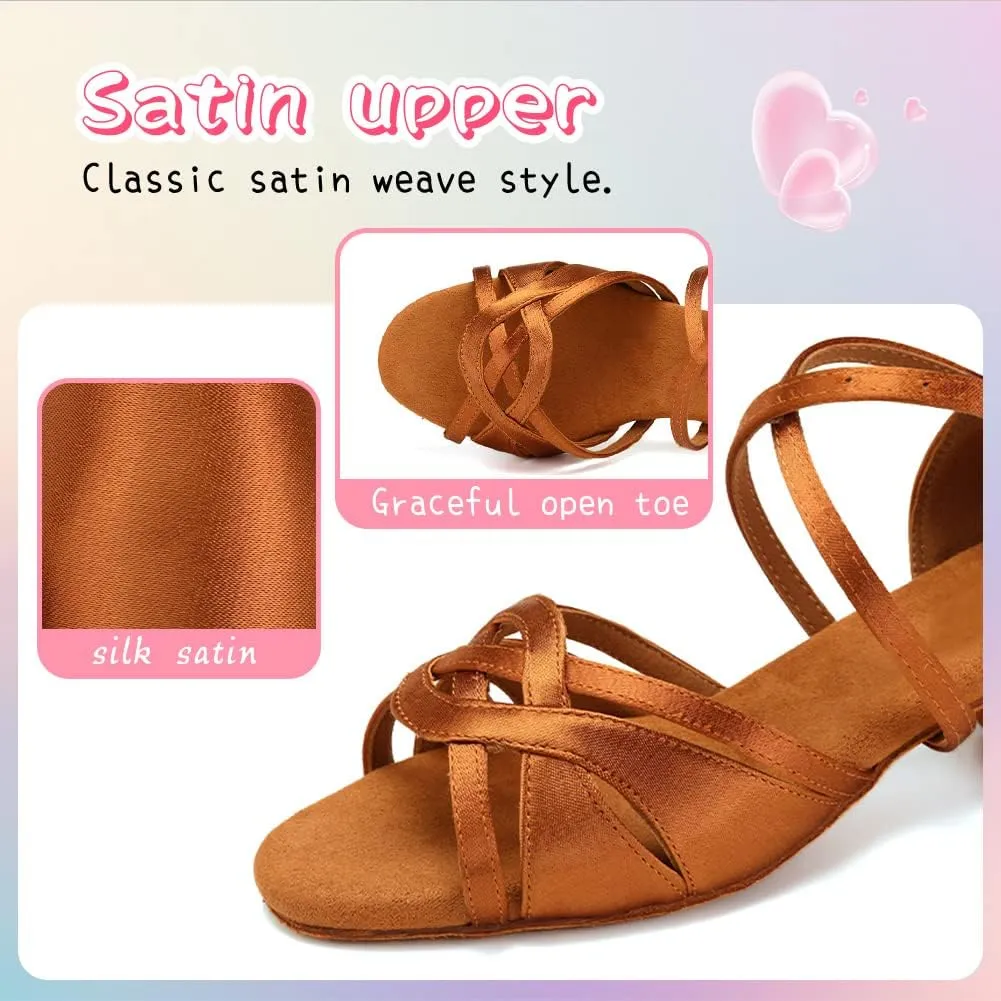 HIPPOSEUS Girls Latin Dance Shoes Silk Satin Ballroom Salsa Dance Practice Performance Shoes Suede Sole