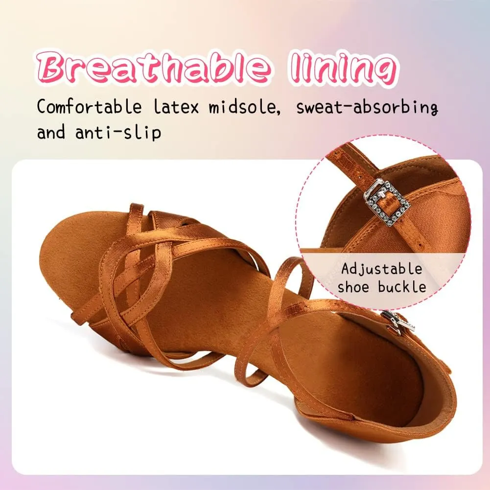 HIPPOSEUS Girls Latin Dance Shoes Silk Satin Ballroom Salsa Dance Practice Performance Shoes Suede Sole