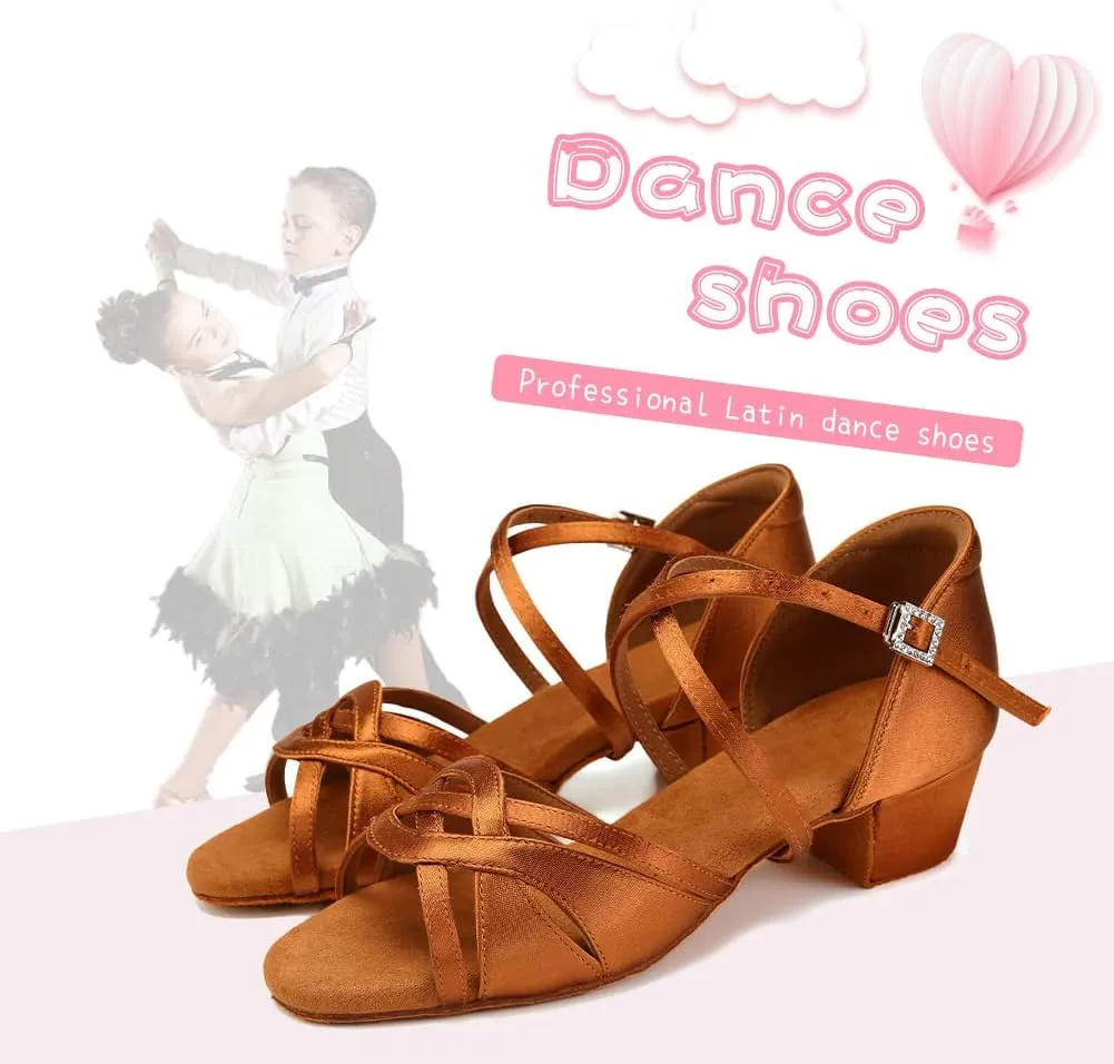 HIPPOSEUS Girls Latin Dance Shoes Silk Satin Ballroom Salsa Dance Practice Performance Shoes Suede Sole