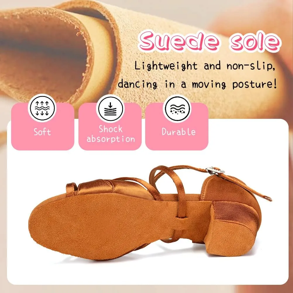 HIPPOSEUS Girls Latin Dance Shoes Silk Satin Ballroom Salsa Dance Practice Performance Shoes Suede Sole