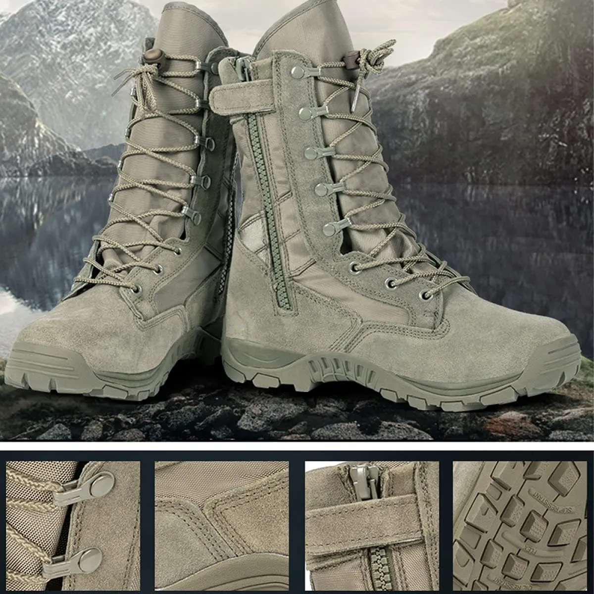 Mens 8 inch Tactical Military Combat Swat Desert Boots Hiking BootsTrekking Backpacking Outdoor Work Boots with Zipper