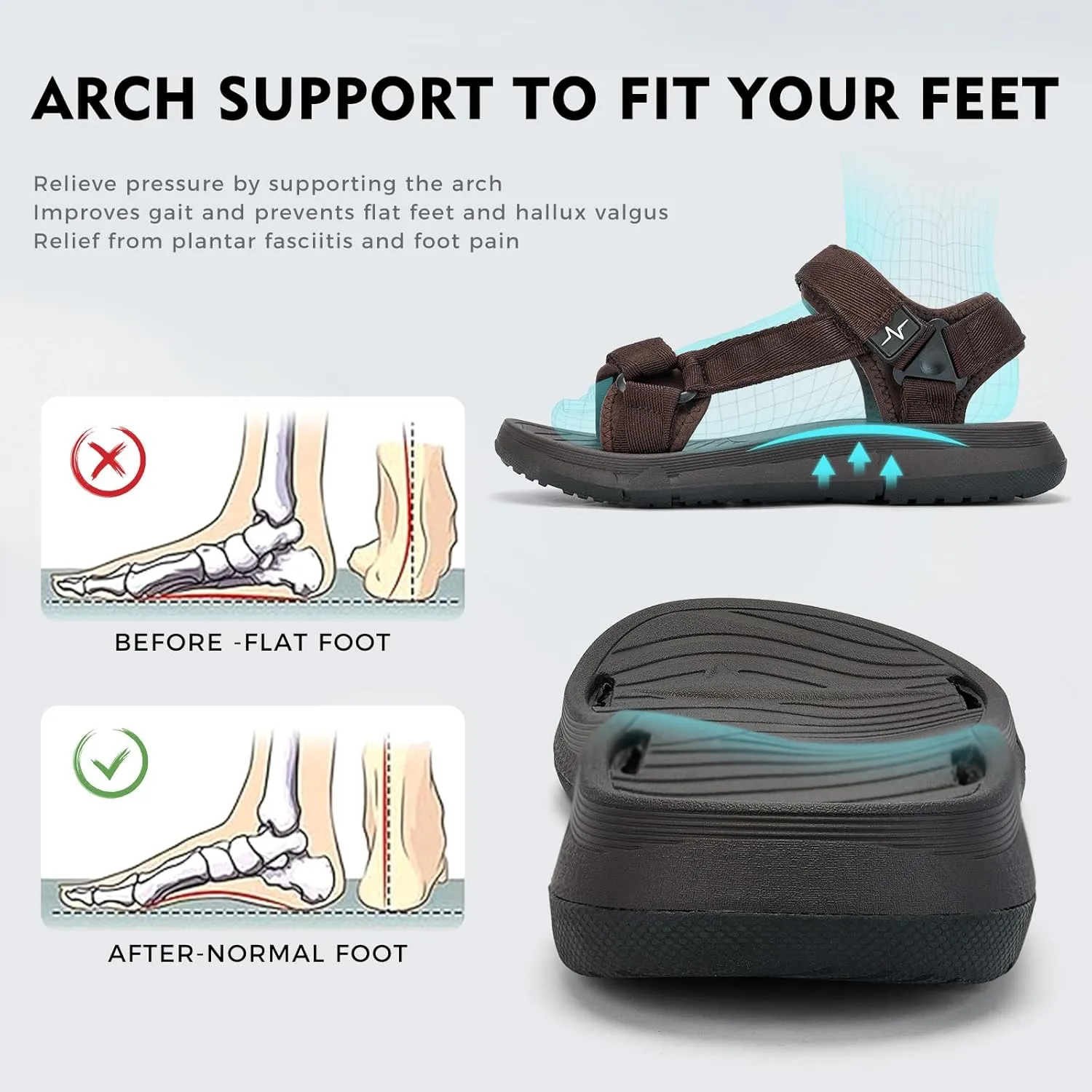 Mens Hiking Sandals with Arch Support - Cushion Sport Athletic Walking Sandles Outdoor Summer Comfortable Casual Waterproof Beach Water Sandal for Wide Feet