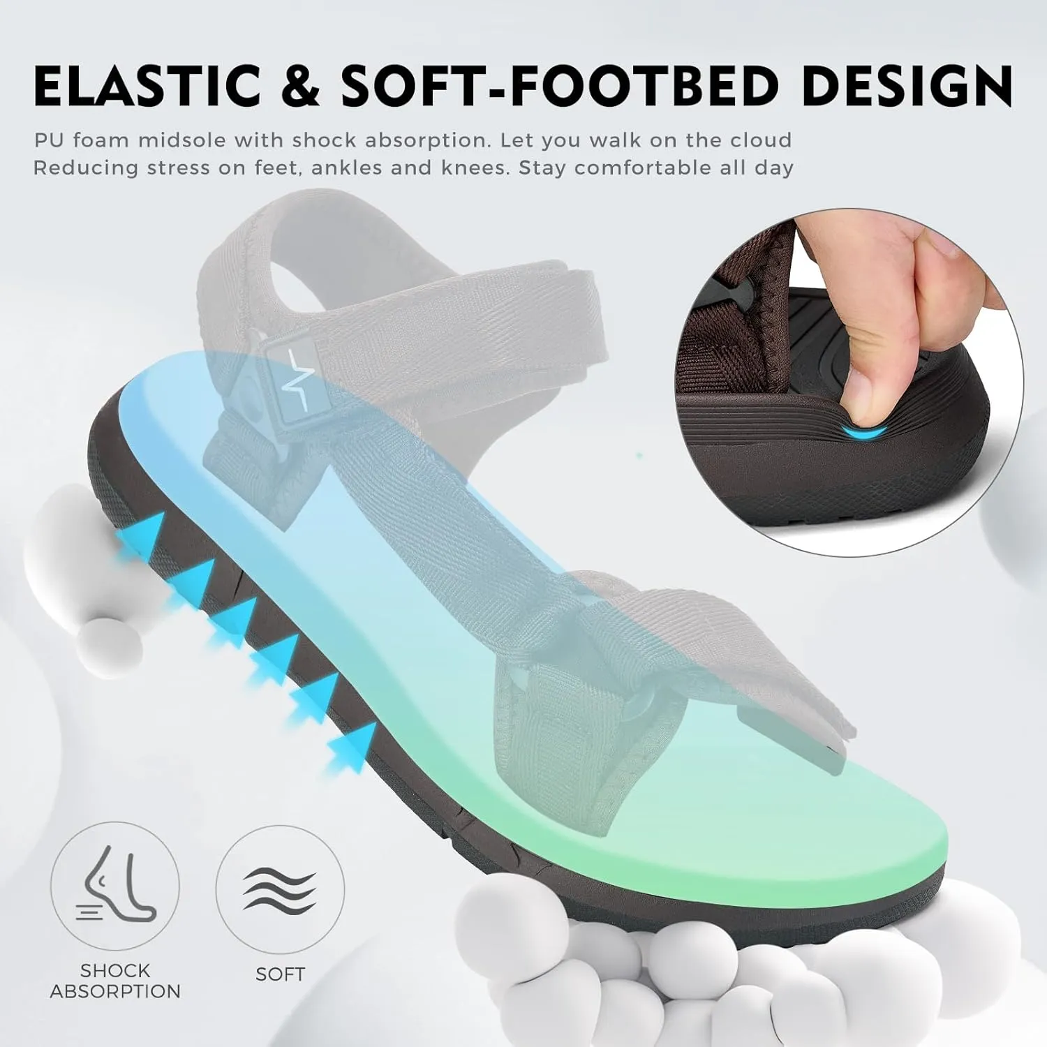 Mens Hiking Sandals with Arch Support - Cushion Sport Athletic Walking Sandles Outdoor Summer Comfortable Casual Waterproof Beach Water Sandal for Wide Feet