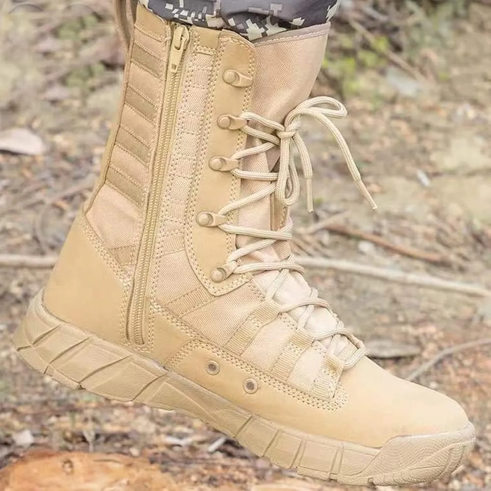 Men's Lightweight 8 inch Military Tactical Combat Swat Beige Boots Trekking Hiking Backpacking Mountaineering Outdoor Jungle Boots With Zipper-ZD02