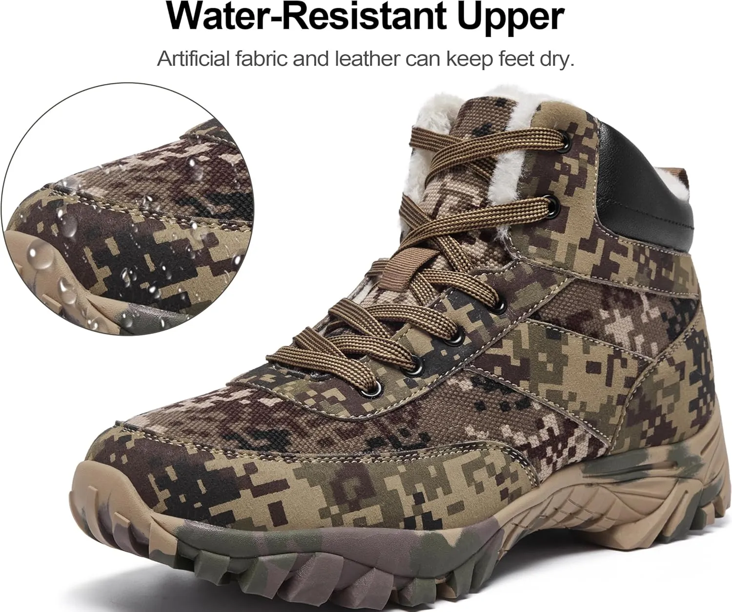 Men's Snow Boots Warm Fur Lined Camouflage Winter Hiking Boot Non-Slip Outdoor Work Shoes