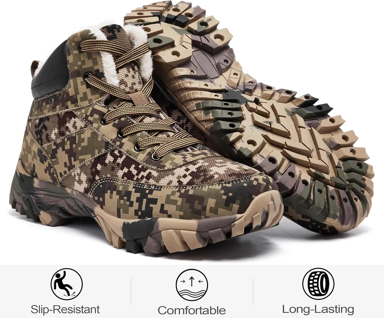Men's Snow Boots Warm Fur Lined Camouflage Winter Hiking Boot Non-Slip Outdoor Work Shoes