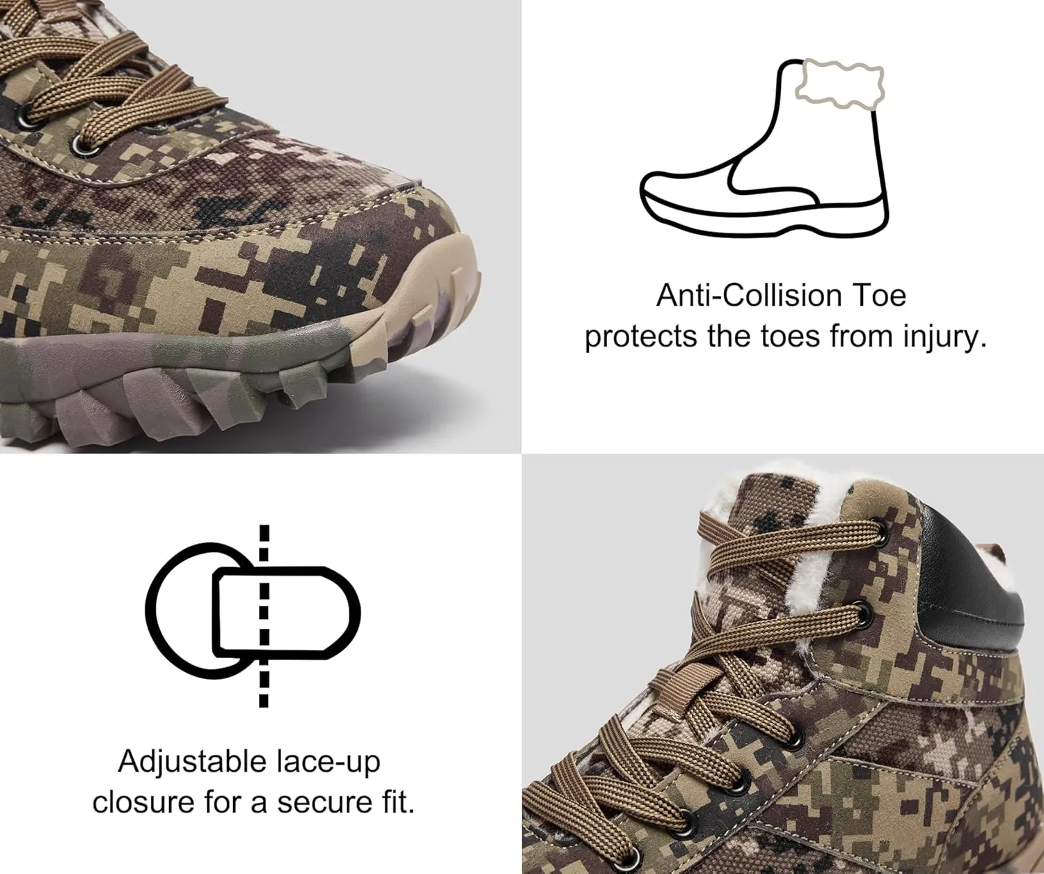 Men's Snow Boots Warm Fur Lined Camouflage Winter Hiking Boot Non-Slip Outdoor Work Shoes