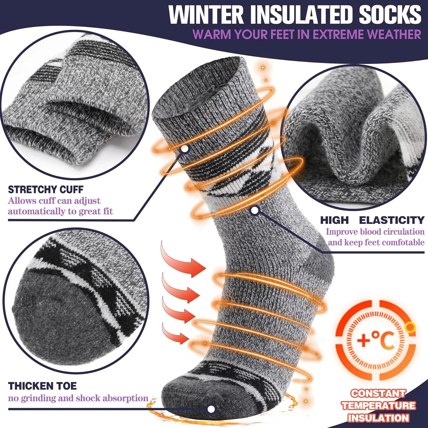 MOGGEI 3 Pairs Thermal Warm Socks for Men & Women Thick Winter Extra Warm Insulated Boot Ski Socks for Cold Weather