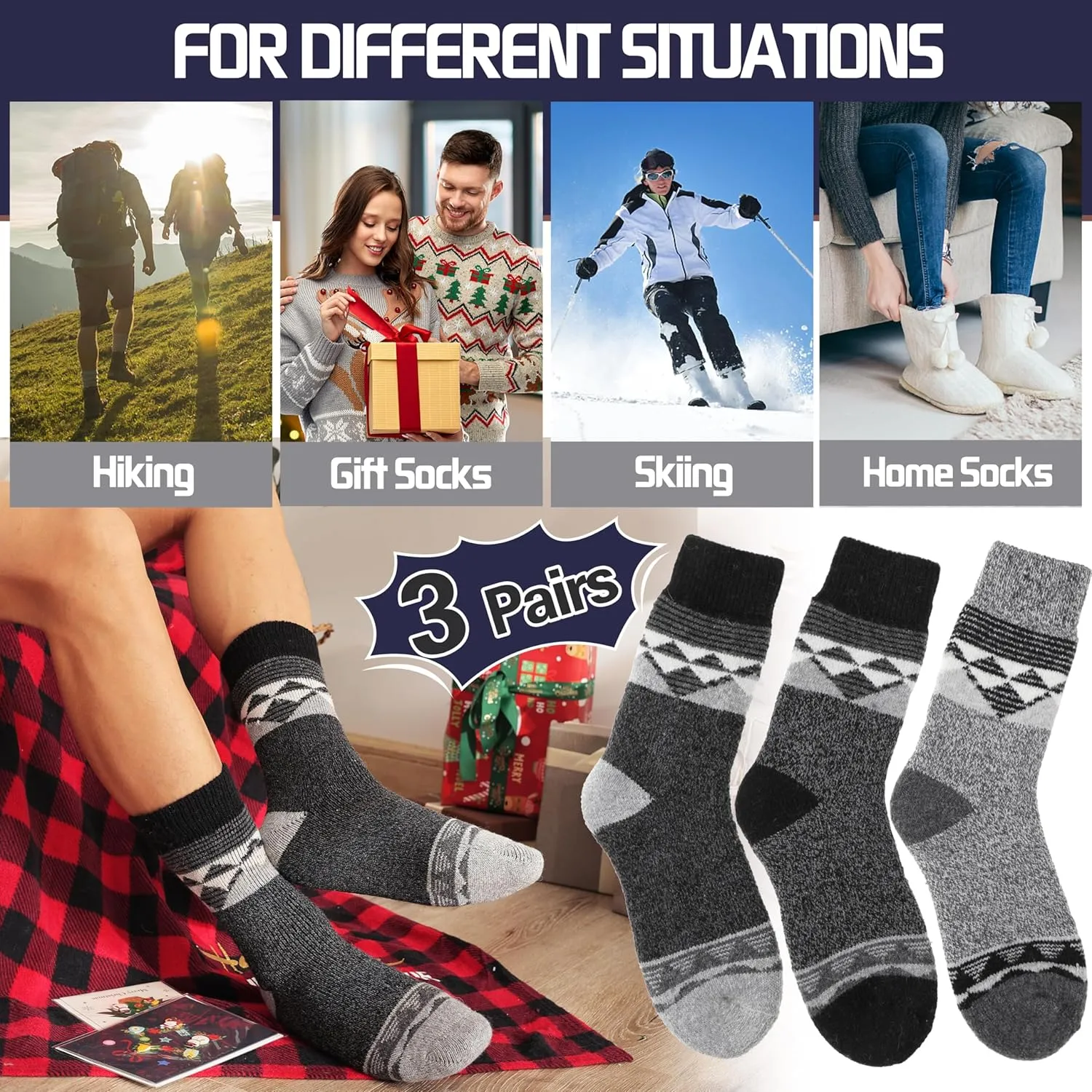 MOGGEI 3 Pairs Thermal Warm Socks for Men & Women Thick Winter Extra Warm Insulated Boot Ski Socks for Cold Weather