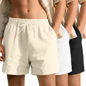 Neer 3 Pack Men's Cotton Linen Shorts Elastic Waist Drawstring Summer Casual Beach Shorts with Pockets