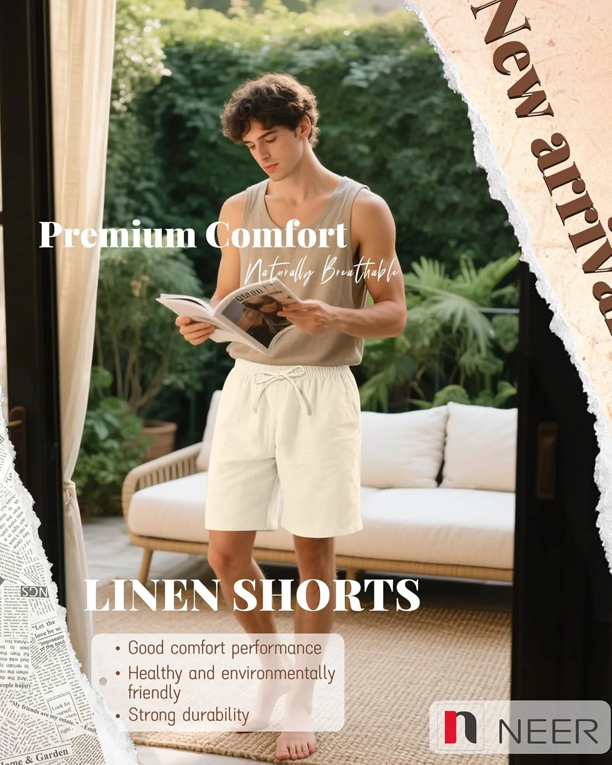 Neer 3 Pack Men's Cotton Linen Shorts Elastic Waist Drawstring Summer Casual Beach Shorts with Pockets