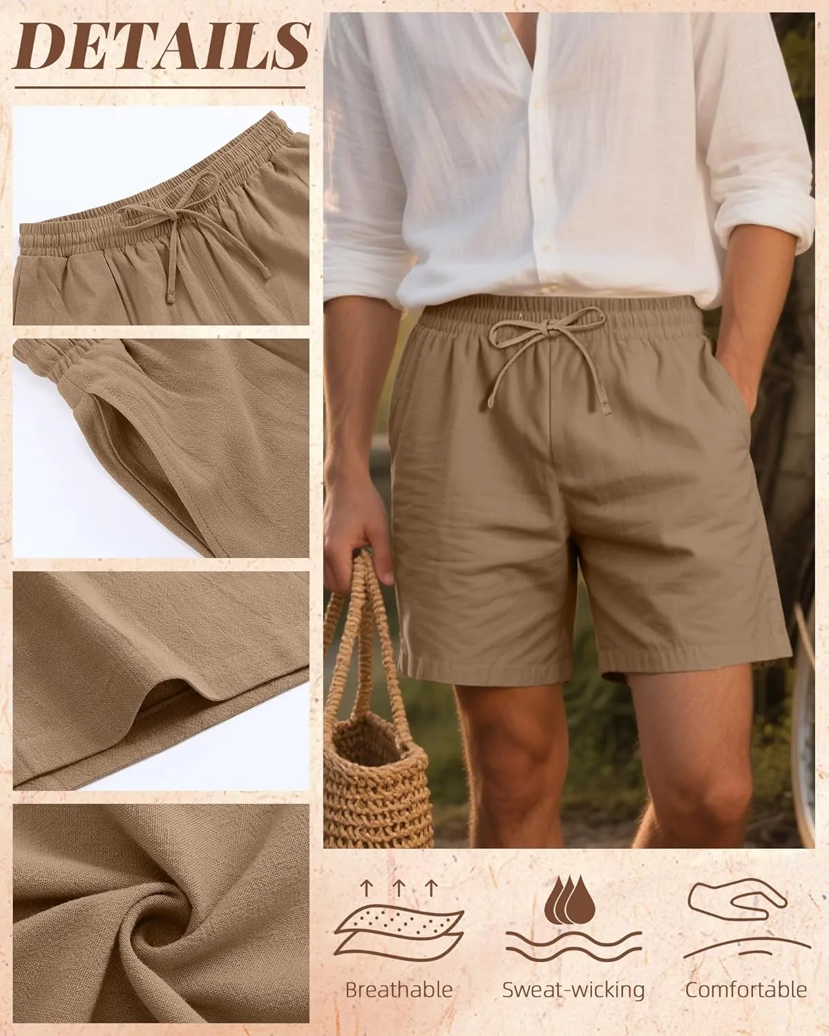 Neer 3 Pack Men's Cotton Linen Shorts Elastic Waist Drawstring Summer Casual Beach Shorts with Pockets