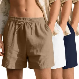 Neer 3 Pack Men's Cotton Linen Shorts Elastic Waist Drawstring Summer Casual Beach Shorts with Pockets