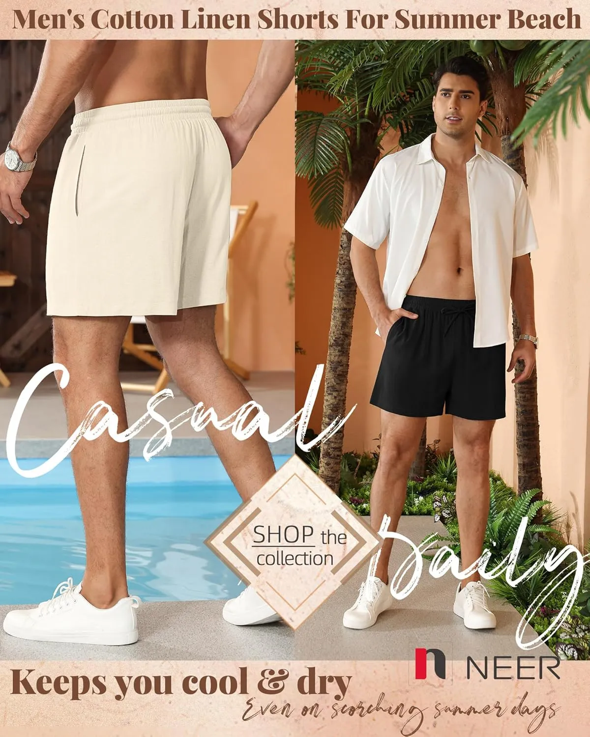Neer 3 Pack Men's Cotton Linen Shorts Elastic Waist Drawstring Summer Casual Beach Shorts with Pockets