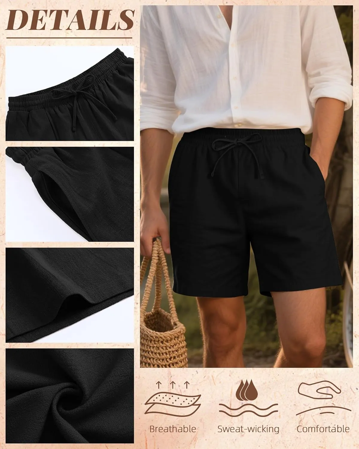 Neer 3 Pack Men's Cotton Linen Shorts Elastic Waist Drawstring Summer Casual Beach Shorts with Pockets