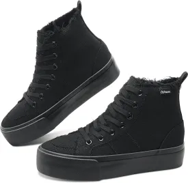 Obtaom High Top Platform Sneakers Women Mid Calf Play Canvas Shoes Washed Platform Skate Skateboard Shoe Casual Canvas Fashion Sneakers