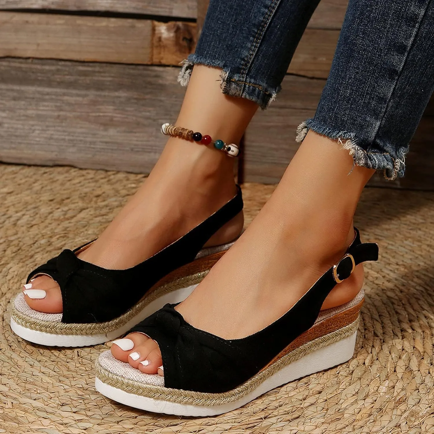 Orthopedic Sandals for Women,Women Walking Slippers with Arch Support Wedge Sandals Summer Dressy Open Toe Ankle Strap Platform Beach Casual Slip on Sandals Beach Dress Comfortable (Black-7, 8)