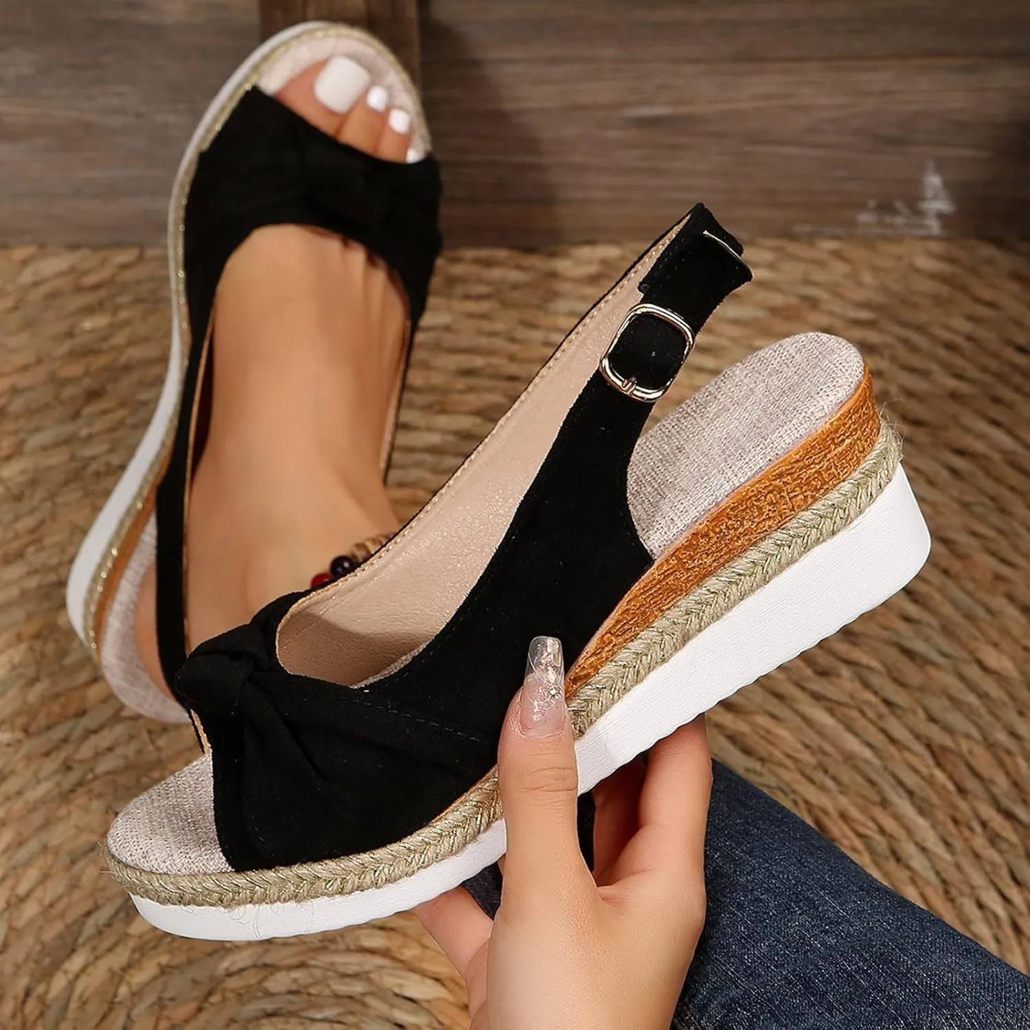 Orthopedic Sandals for Women,Women Walking Slippers with Arch Support Wedge Sandals Summer Dressy Open Toe Ankle Strap Platform Beach Casual Slip on Sandals Beach Dress Comfortable (Black-7, 8)