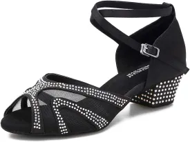 Rhinestones Ballroom Dance Shoes Women Latin Salsa Bachata Performance Dance Shoes Suede Sole