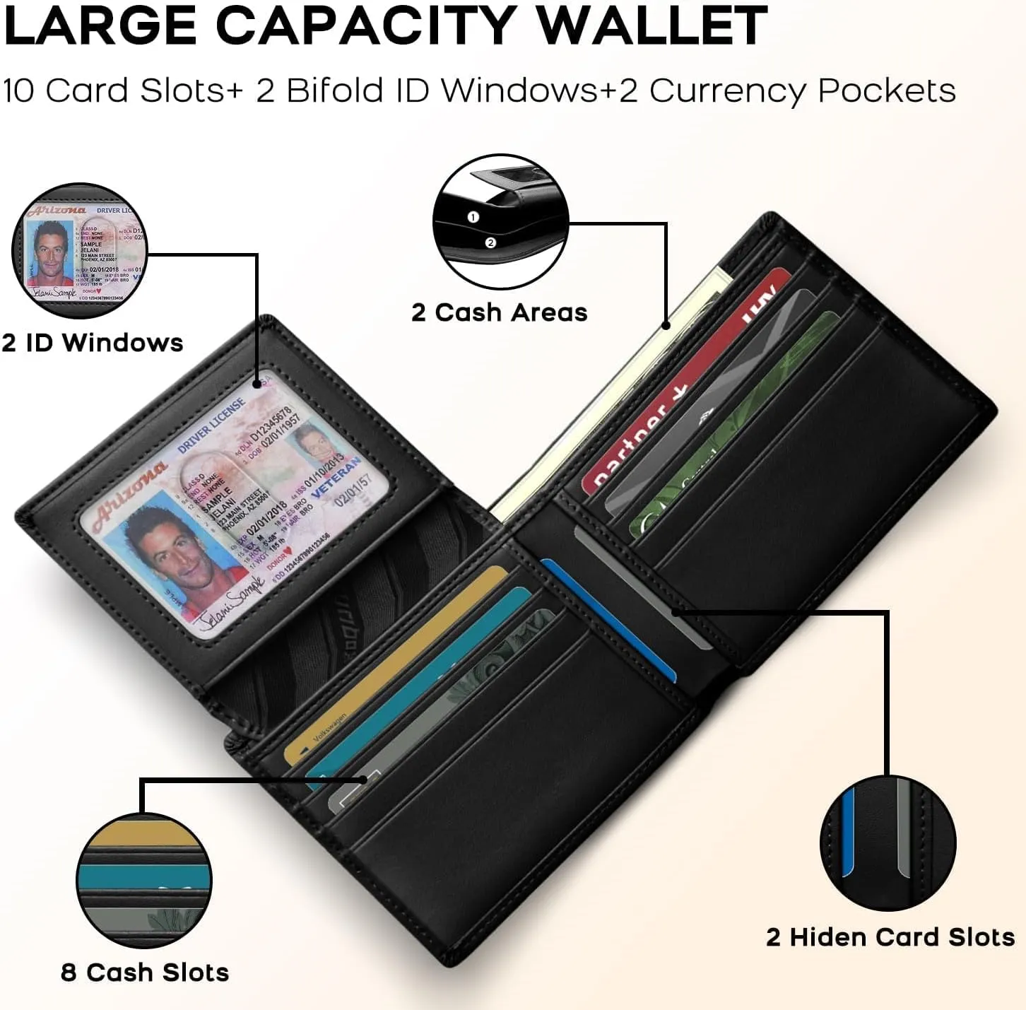 RUNBOX Genuine Leather Wallet for Men, Mens Wallet Bifold Rfid Blocking with 2 ID Windows, Card Holder Wallet with Gift Box