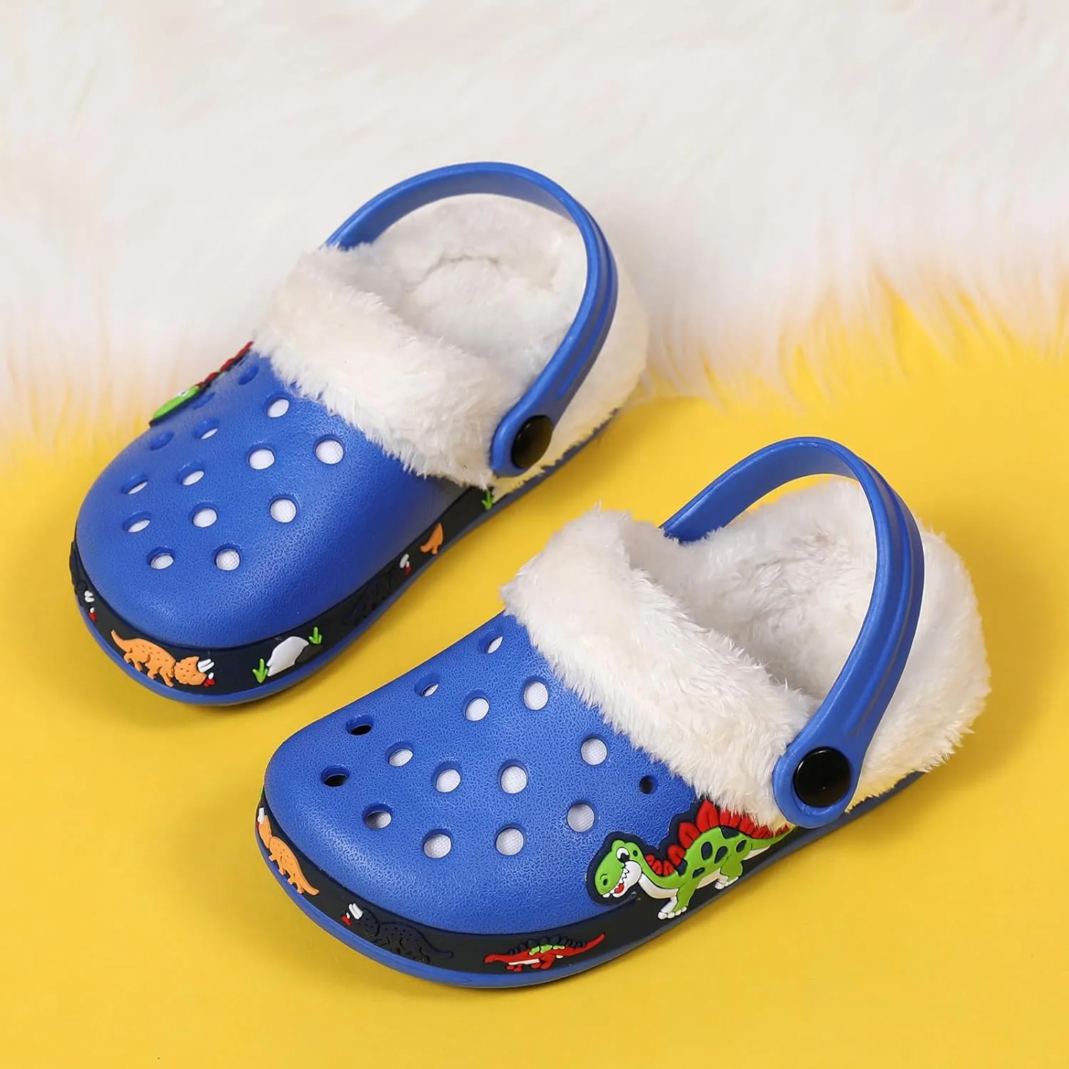 SECHRITE Kids Fur Lined Clogs Garden Shoes for Boys Girls Toddler Cartoon Sandals with Removable Fleece Lined Winter Warm Indoor Outdoor Home Slippers Non-Slip Sole
