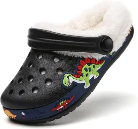SECHRITE Kids Fur Lined Clogs Garden Shoes for Boys Girls Toddler Cartoon Sandals with Removable Fleece Lined Winter Warm Indoor Outdoor Home Slippers Non-Slip Sole