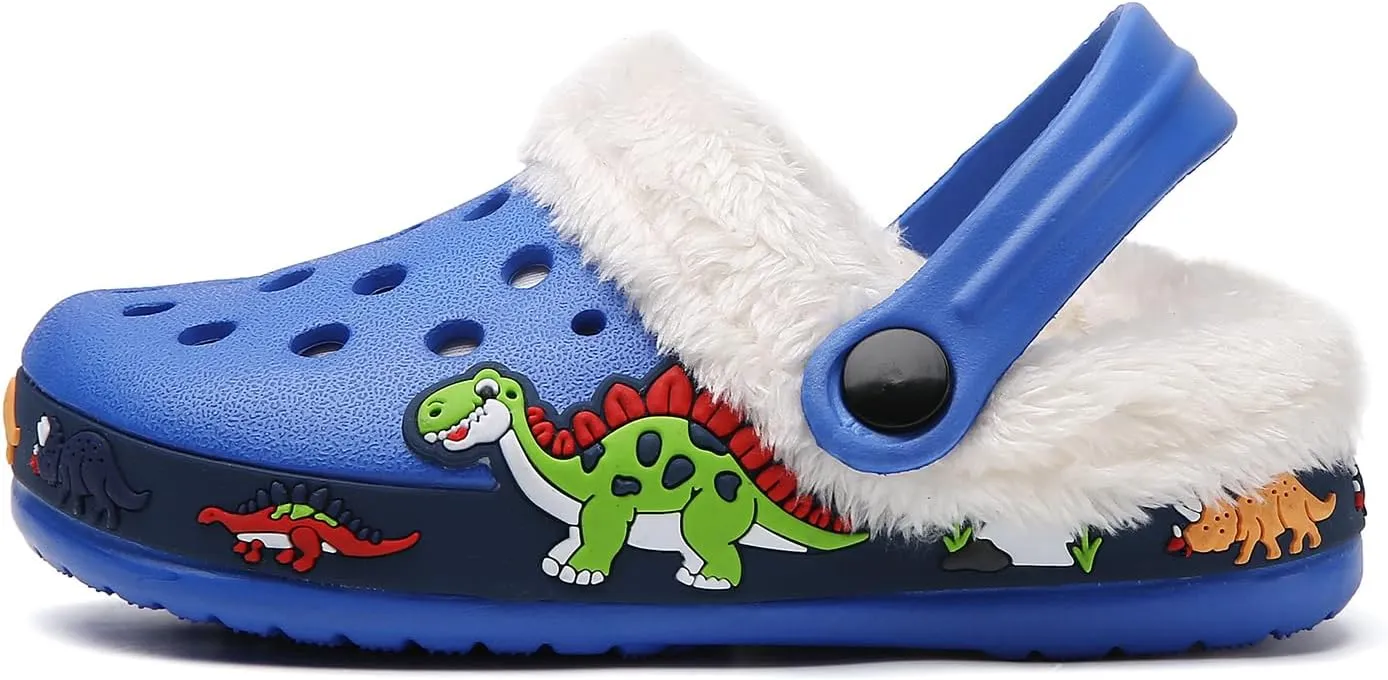 SECHRITE Kids Fur Lined Clogs Garden Shoes for Boys Girls Toddler Cartoon Sandals with Removable Fleece Lined Winter Warm Indoor Outdoor Home Slippers Non-Slip Sole