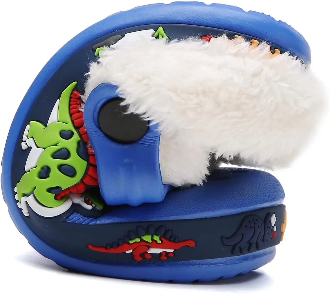 SECHRITE Kids Fur Lined Clogs Garden Shoes for Boys Girls Toddler Cartoon Sandals with Removable Fleece Lined Winter Warm Indoor Outdoor Home Slippers Non-Slip Sole