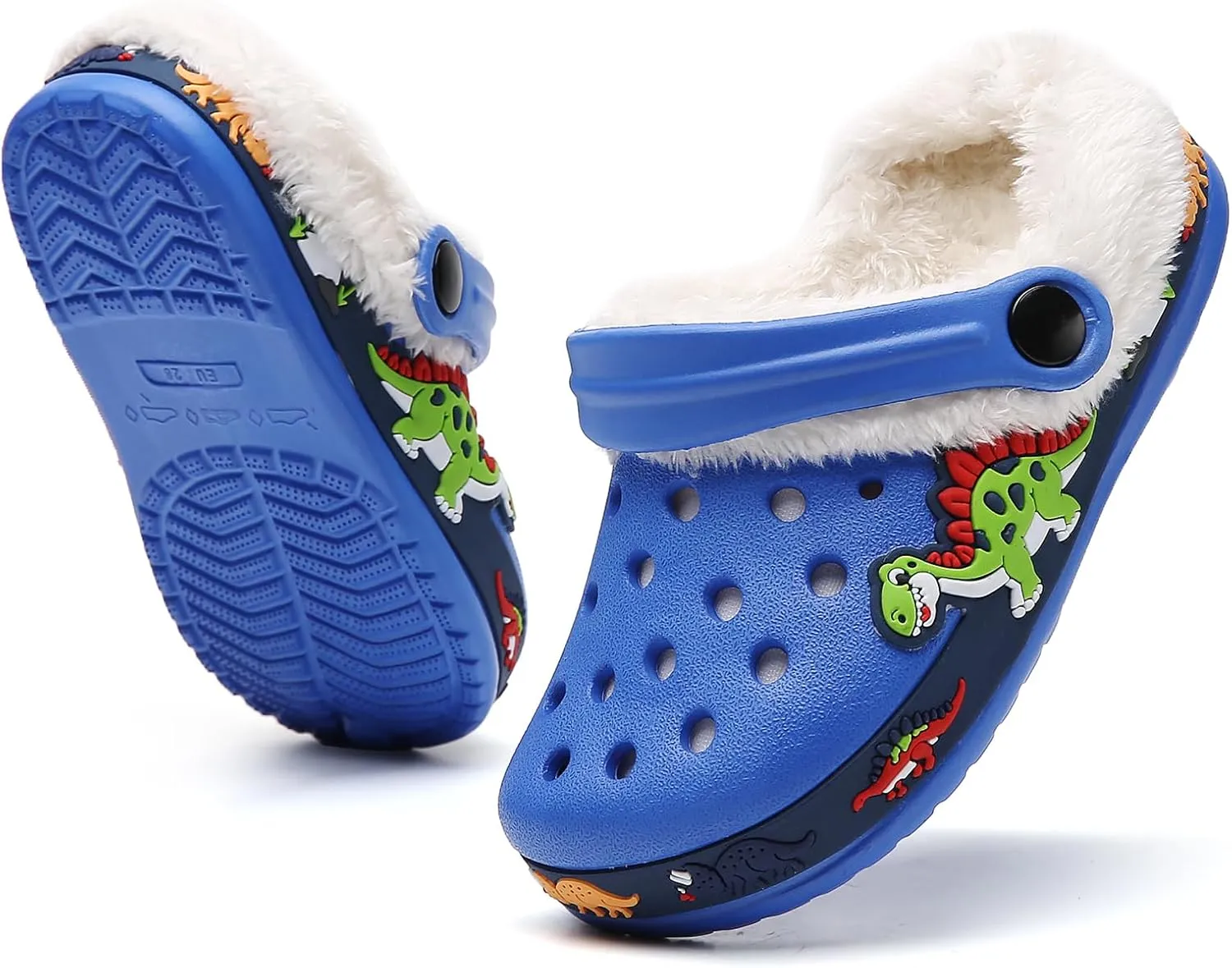 SECHRITE Kids Fur Lined Clogs Garden Shoes for Boys Girls Toddler Cartoon Sandals with Removable Fleece Lined Winter Warm Indoor Outdoor Home Slippers Non-Slip Sole