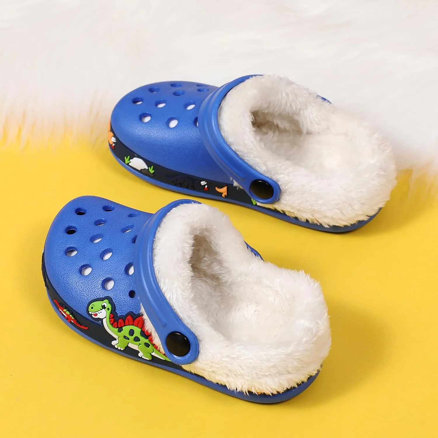 SECHRITE Kids Fur Lined Clogs Garden Shoes for Boys Girls Toddler Cartoon Sandals with Removable Fleece Lined Winter Warm Indoor Outdoor Home Slippers Non-Slip Sole