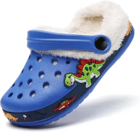 SECHRITE Kids Fur Lined Clogs Garden Shoes for Boys Girls Toddler Cartoon Sandals with Removable Fleece Lined Winter Warm Indoor Outdoor Home Slippers Non-Slip Sole