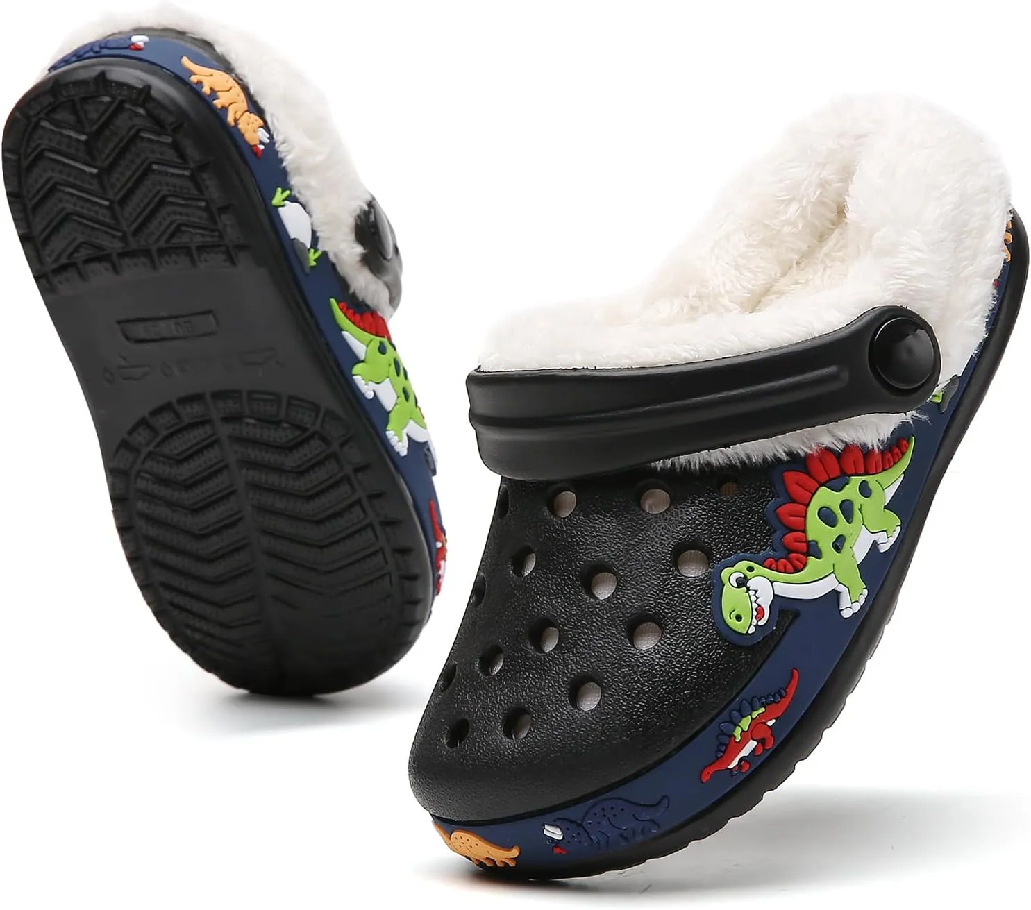 SECHRITE Kids Fur Lined Clogs Garden Shoes for Boys Girls Toddler Cartoon Sandals with Removable Fleece Lined Winter Warm Indoor Outdoor Home Slippers Non-Slip Sole