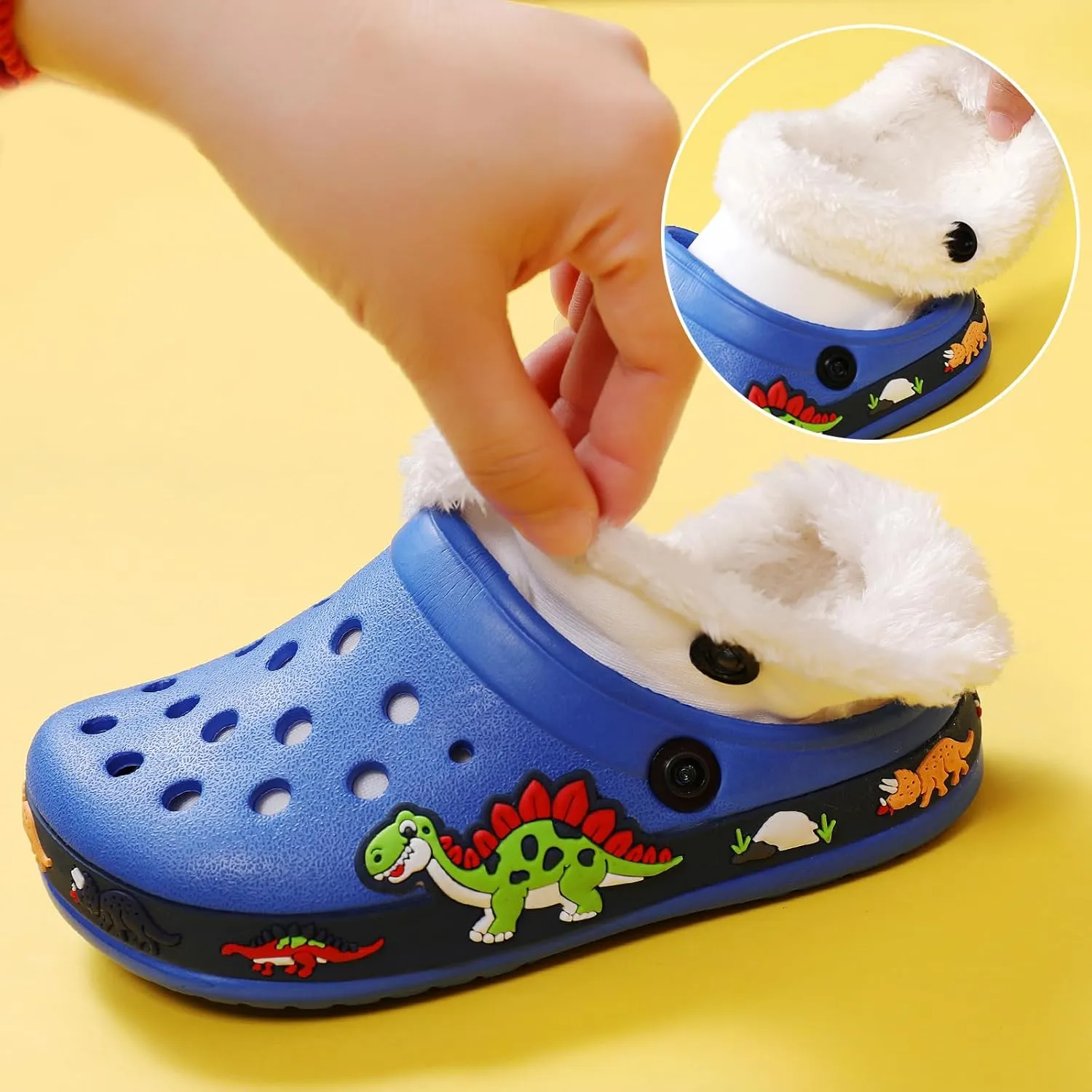SECHRITE Kids Fur Lined Clogs Garden Shoes for Boys Girls Toddler Cartoon Sandals with Removable Fleece Lined Winter Warm Indoor Outdoor Home Slippers Non-Slip Sole