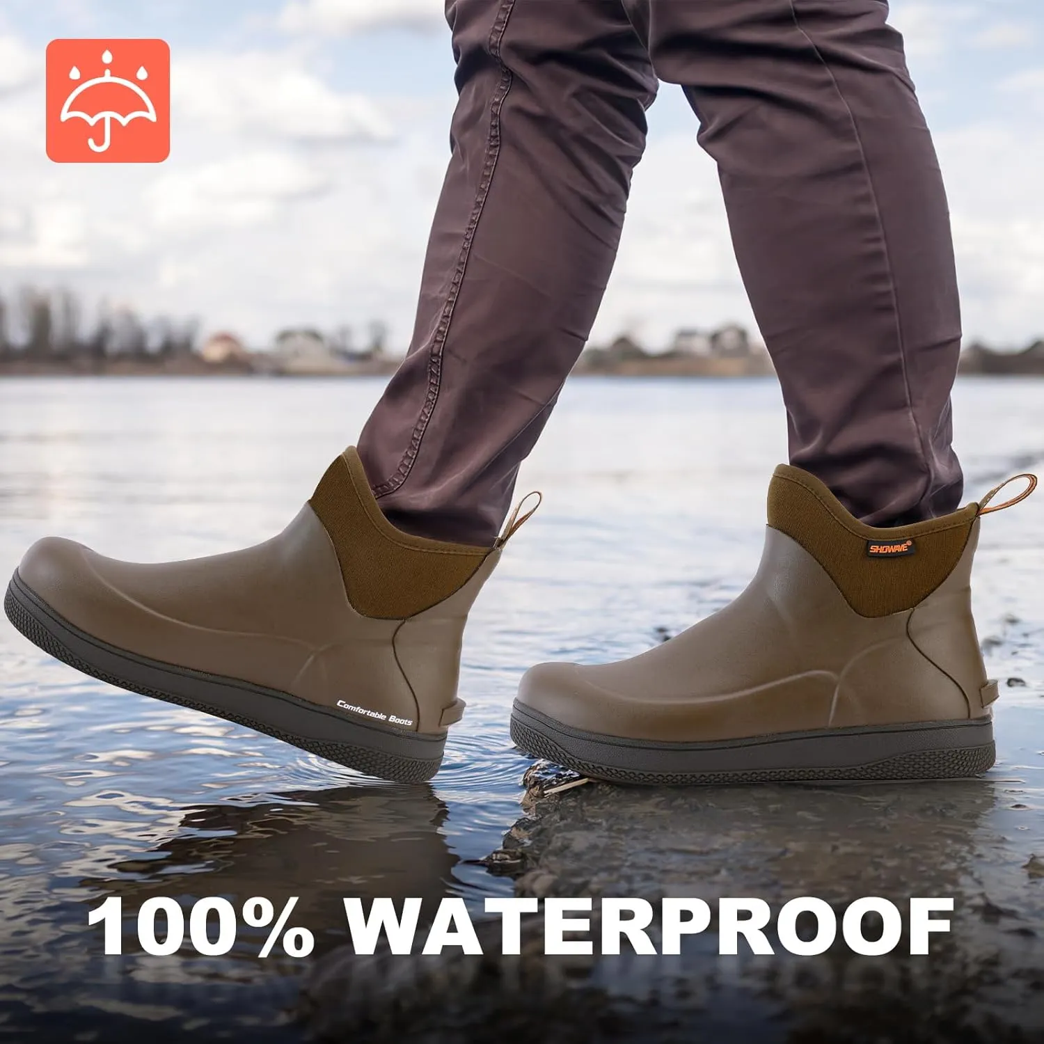 Showave Men's Deck Boots Waterproof Ankle Rain Boots Saltwater Fishing Booties Non-slip Outdoor Rubber Boots