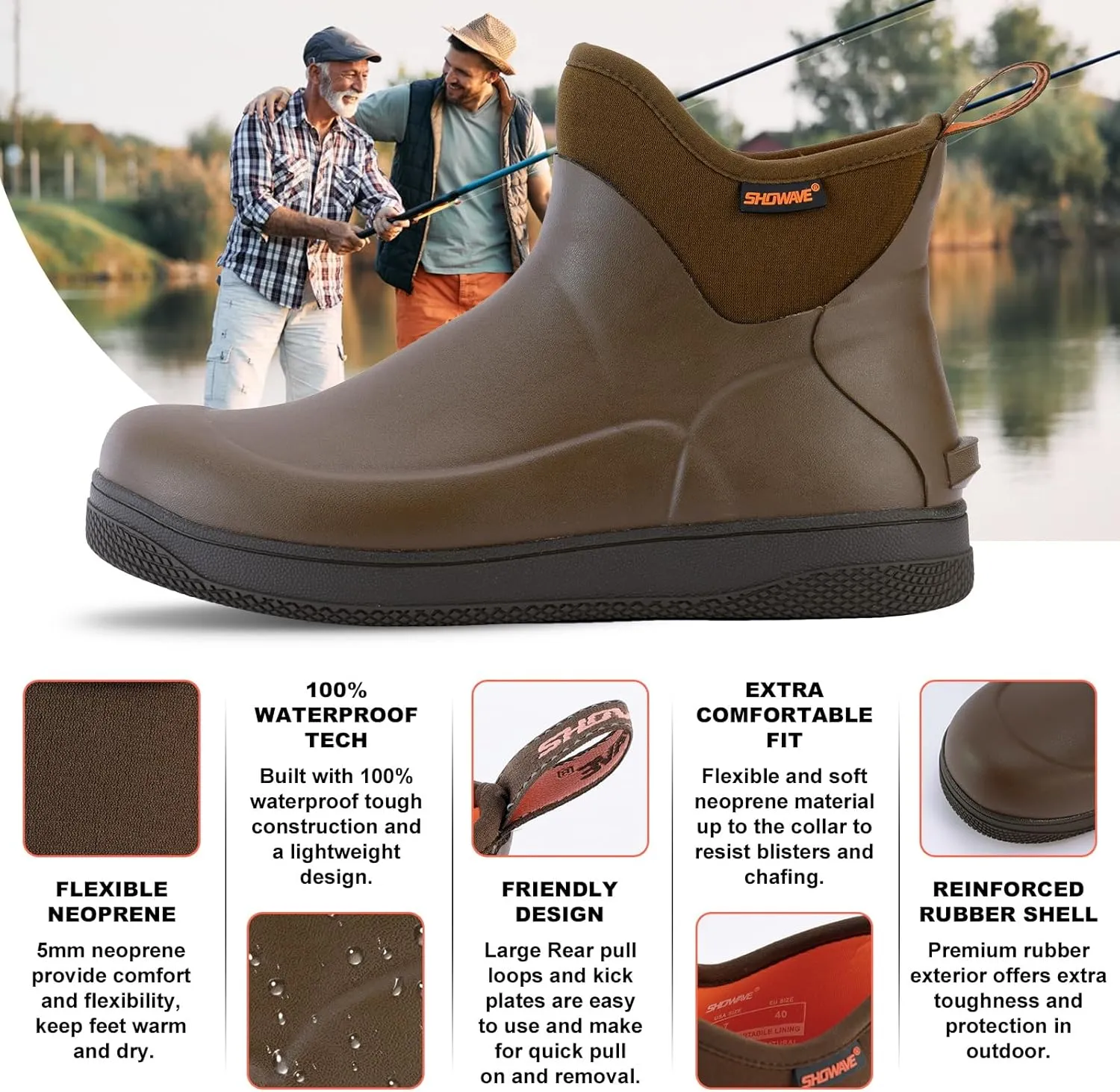 Showave Men's Deck Boots Waterproof Ankle Rain Boots Saltwater Fishing Booties Non-slip Outdoor Rubber Boots