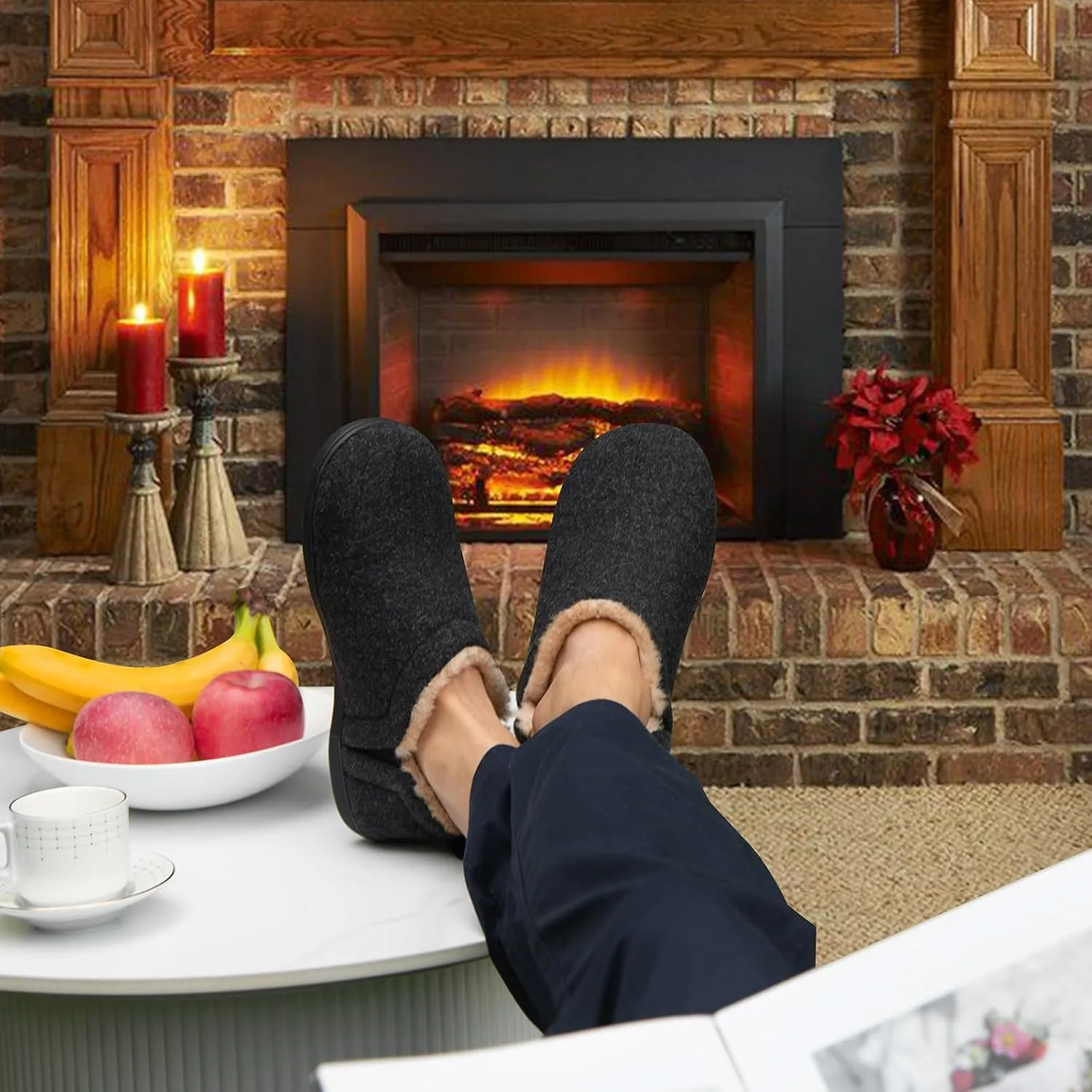Snug Leaves Men's Faux Wool Slippers Comfy Warm Winter House Shoes with Elastic Gores