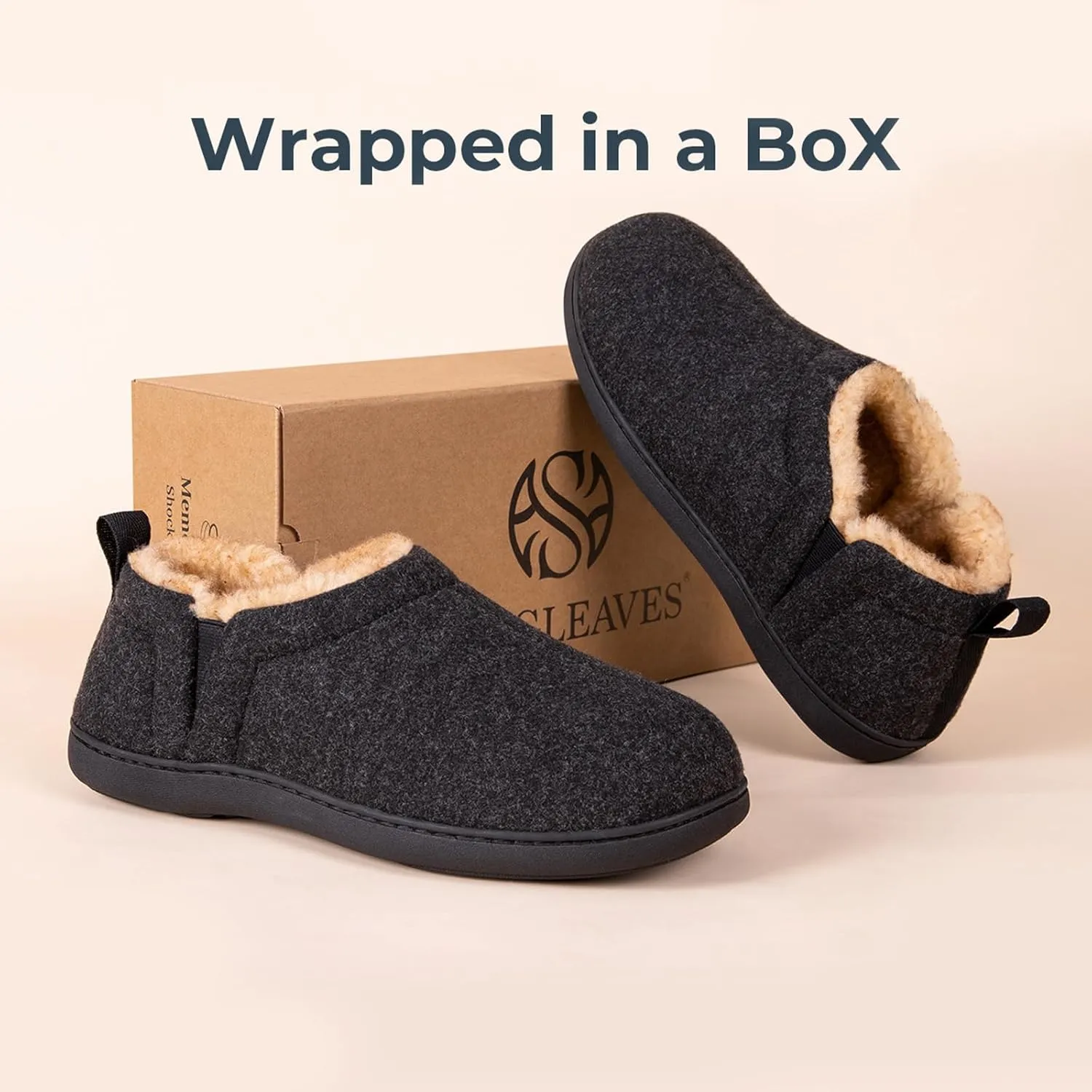 Snug Leaves Men's Faux Wool Slippers Comfy Warm Winter House Shoes with Elastic Gores
