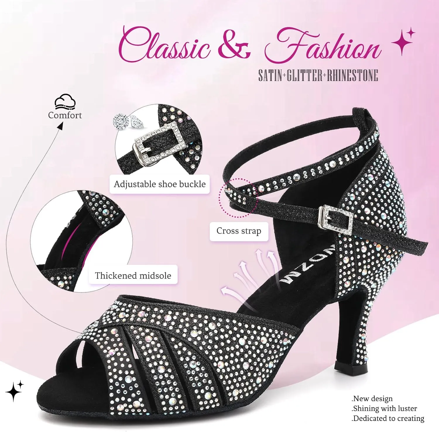 SWDZM Women Rhinestone Ballroom Dance Shoes Latin Salsa Performance Dancing Shoes