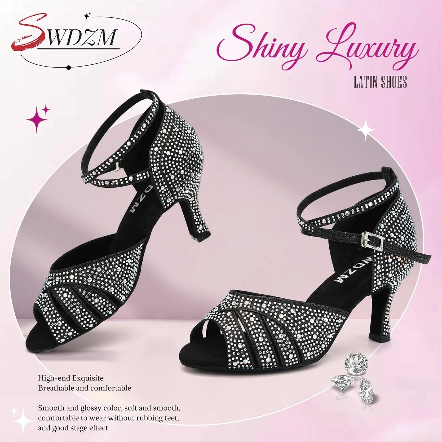 SWDZM Women Rhinestone Ballroom Dance Shoes Latin Salsa Performance Dancing Shoes
