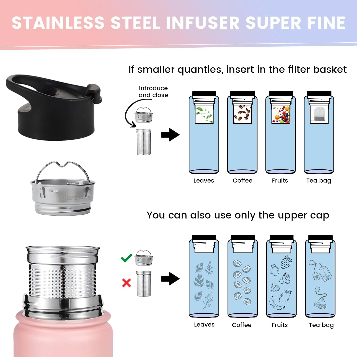 Tea Infuser Bottle - Fruit Infuser Water Bottle 22 Oz, Triple Walled Insulated Stainless Steel Bottle, Thermal Leaf, Silicone Sleeve, 3 Lids Leakproof, Metal Mug Gallon